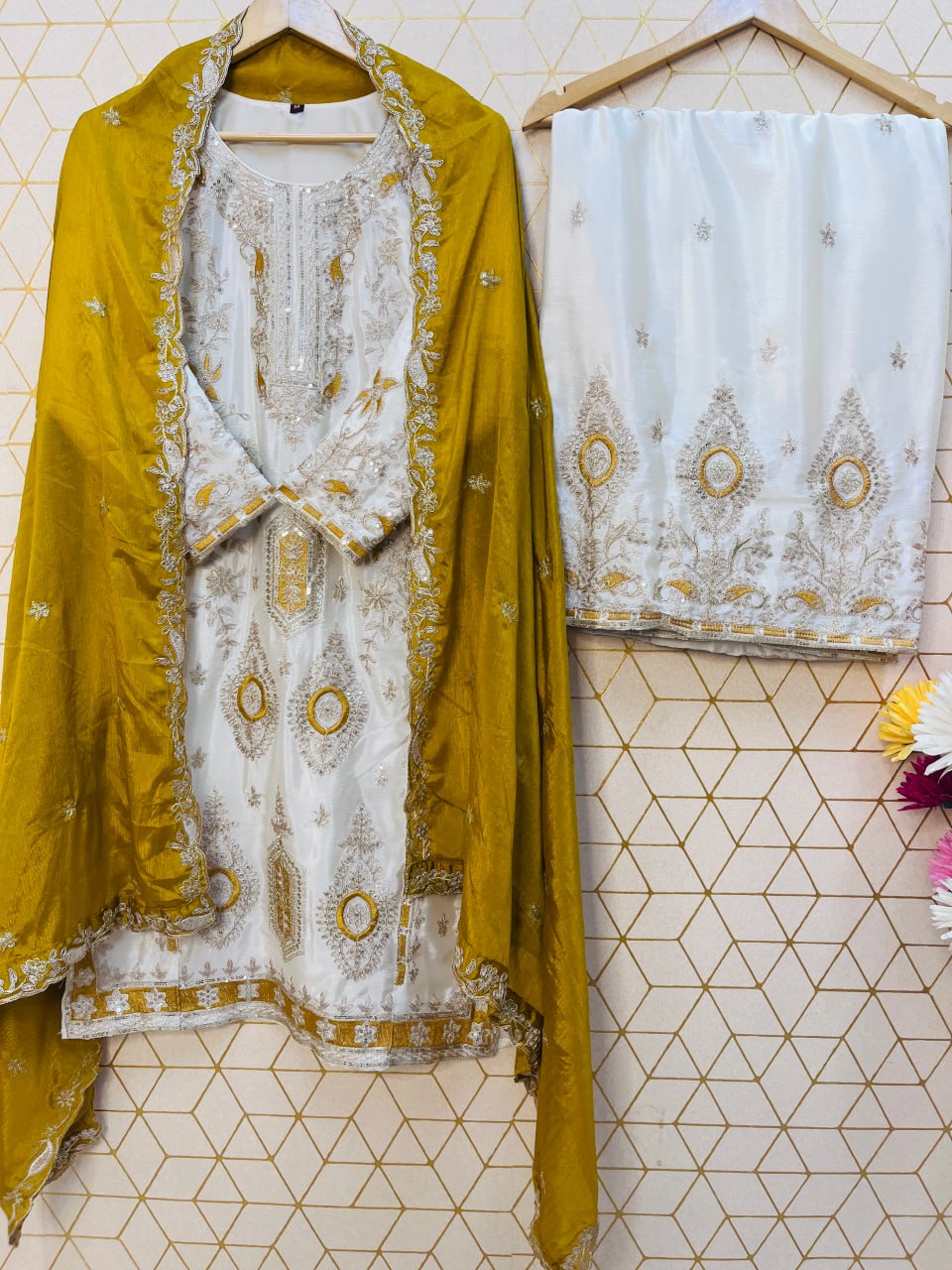 EID SPECIAL SEQUENCE EMBROIDERY ON SILK FABRIC TOP AND PLAZZO