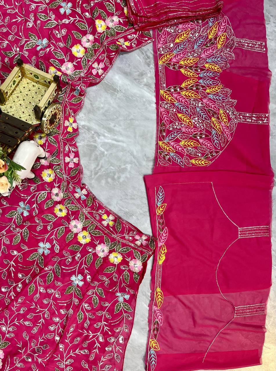 Einführung eines 4 Meter ausgestellten Lehenga mit Paillettenstickerei und Cut-Work