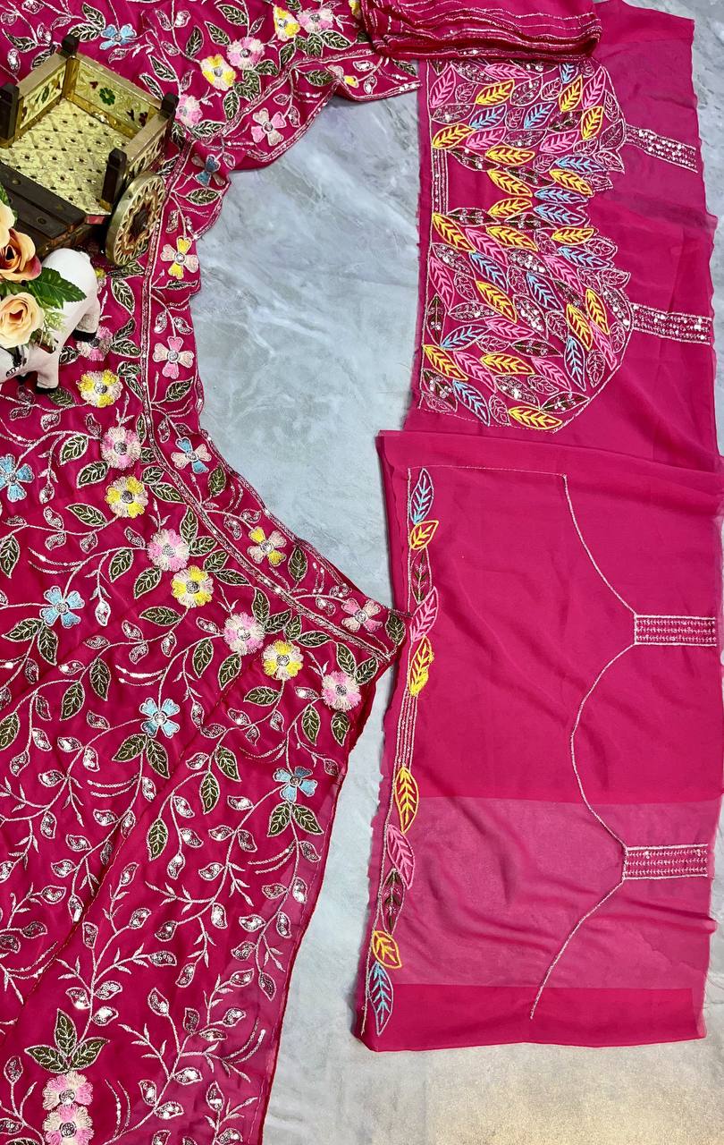 Einführung eines 4 Meter ausgestellten Lehenga mit Paillettenstickerei und Cut-Work