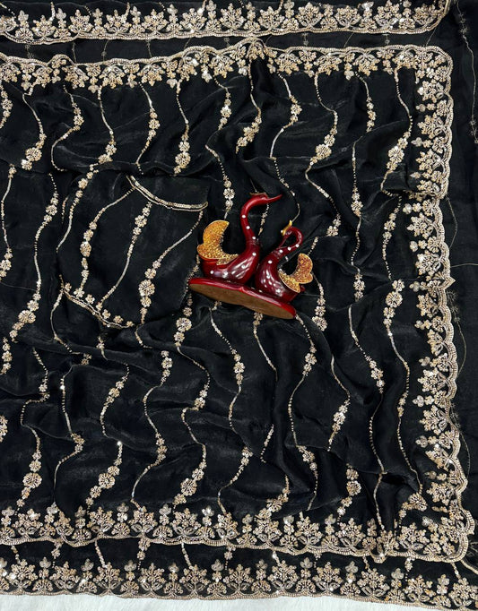 Soft space silk Beautiful Beads and  Sequence Embroidery Work Saree