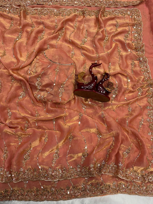 Soft space silk Beautiful Beads and  Sequence Embroidery Work Saree