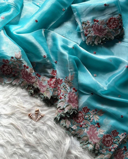 NEW IN MARKET RICH BURBIRY VIBES CUT WORK EMBROIDERY SAREE