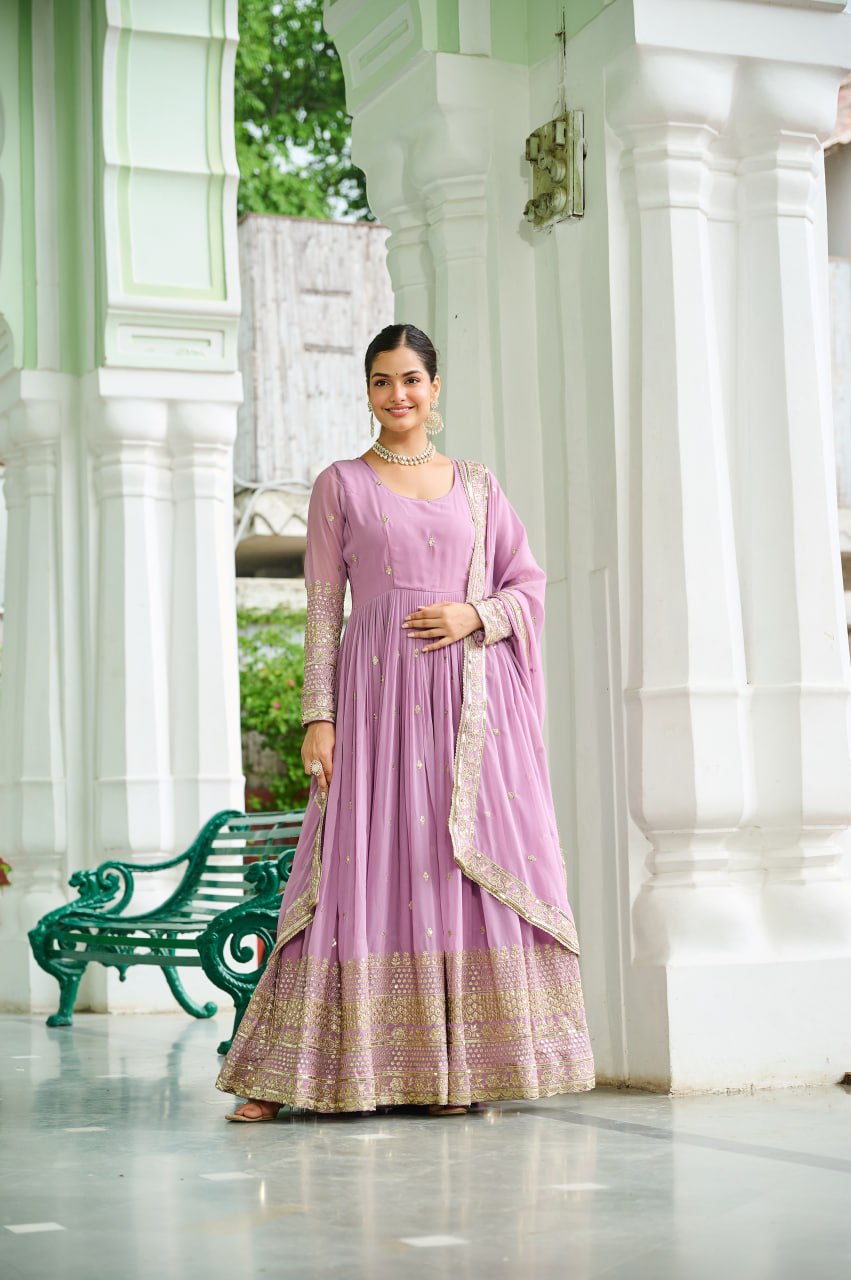 Unique Dusty Coloured Faux Georgette with Embroidered work Gown
