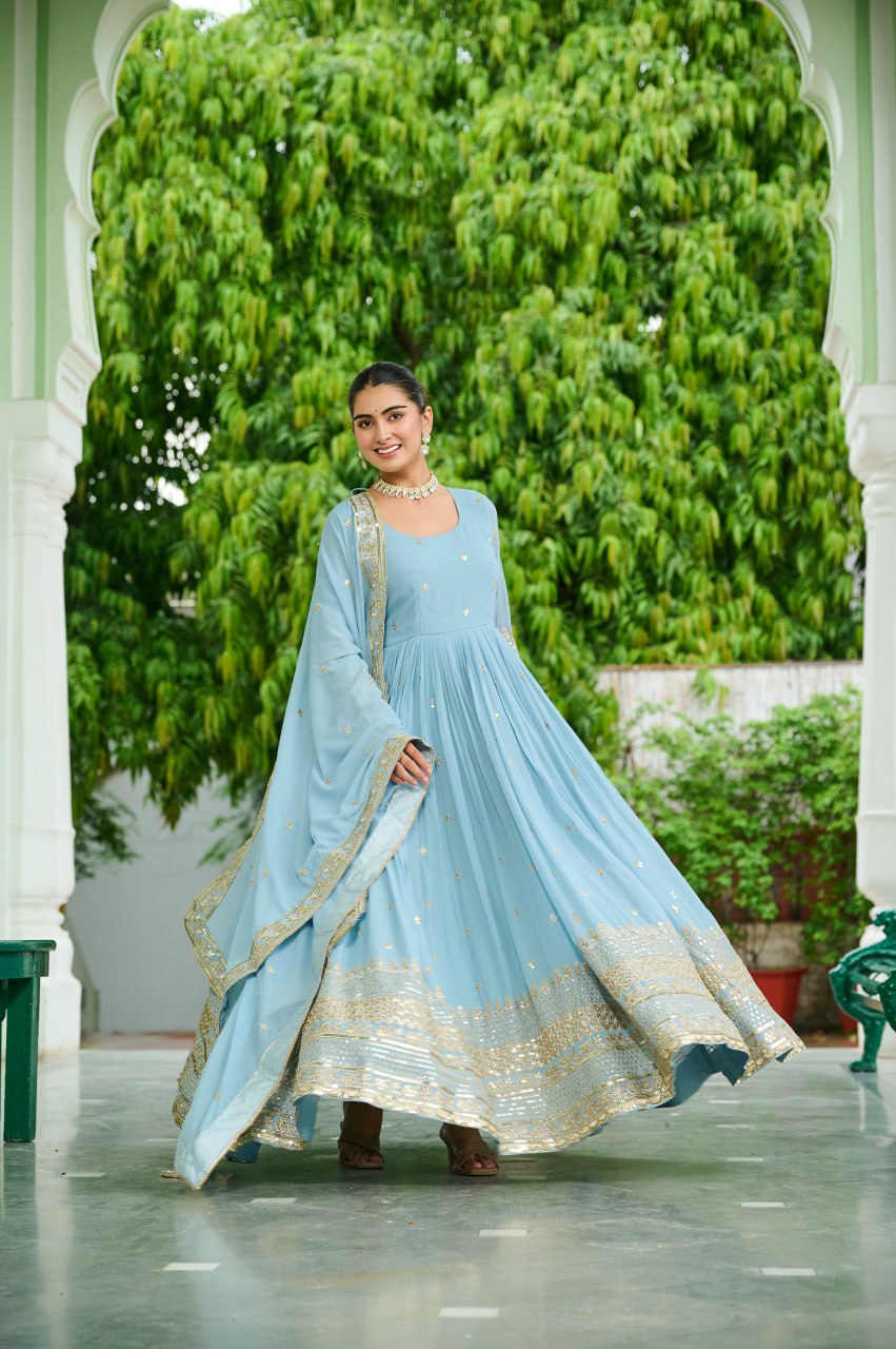Unique Dusty Coloured Faux Georgette with Embroidered work Gown