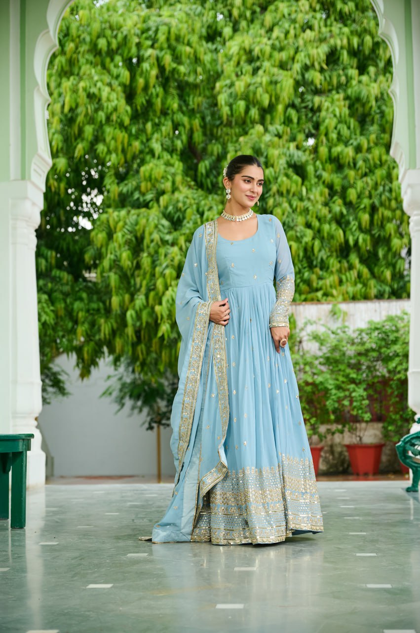 Unique Dusty Coloured Faux Georgette with Embroidered work Gown