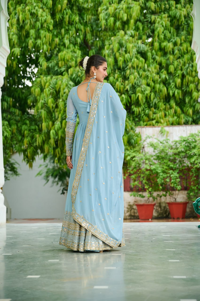 Unique Dusty Coloured Faux Georgette with Embroidered work Gown