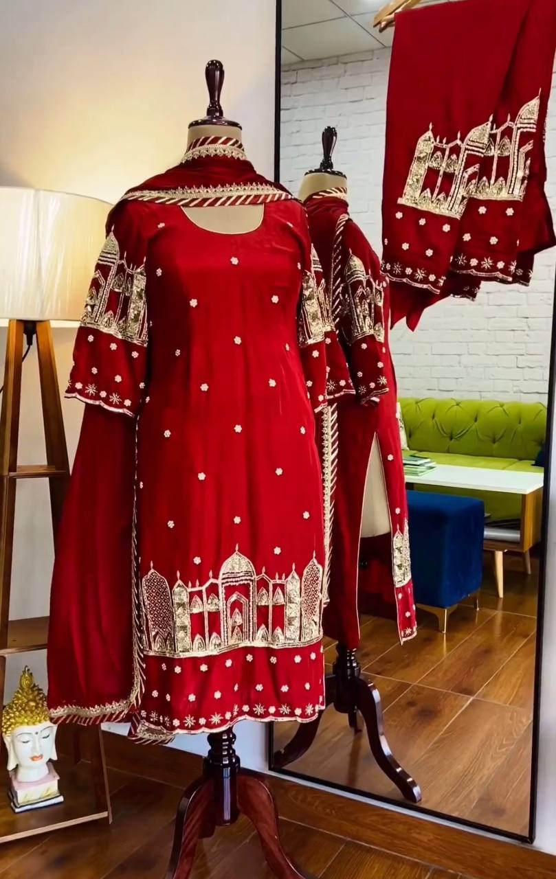 Red Coloured Embroidered Attractive Party Wear Kurti