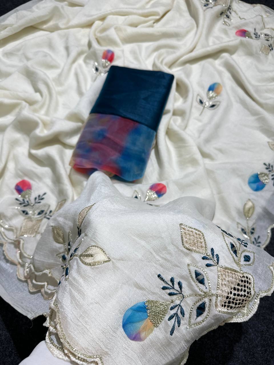 Soft silk fabric with beautiful multi cut Dana moti and diamonds