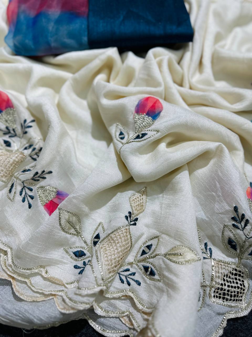 Soft silk fabric with beautiful multi cut Dana moti and diamonds