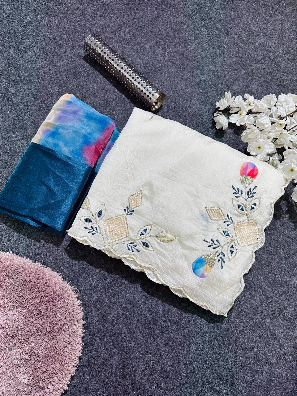 Soft silk fabric with beautiful multi cut Dana moti and diamonds