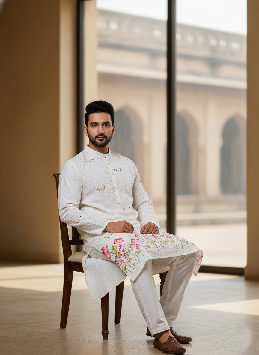 Traditional Cotton Digital Crochet Men's Kurta