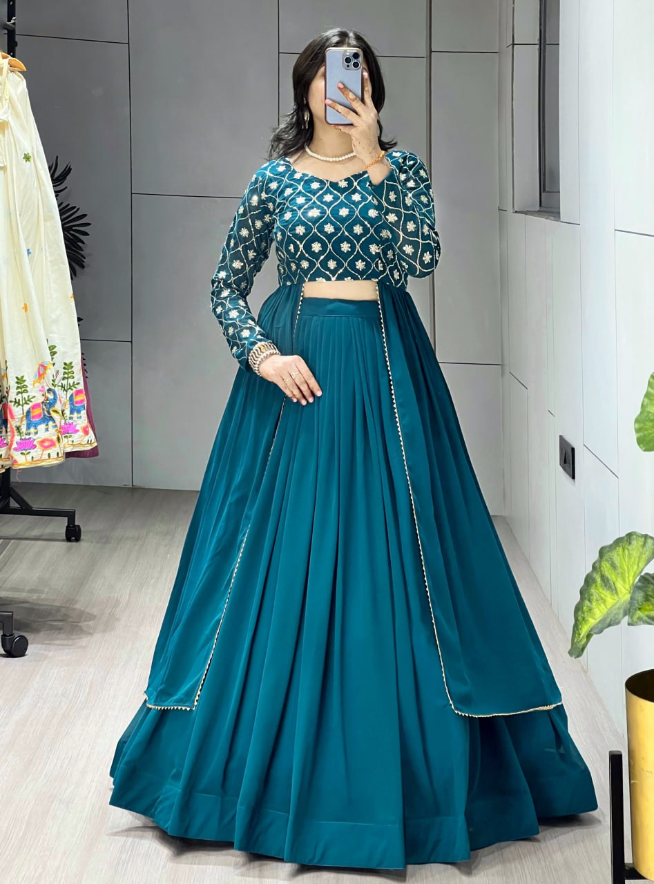 Shop this stunning Teal Blue Indo-Western Lehenga set