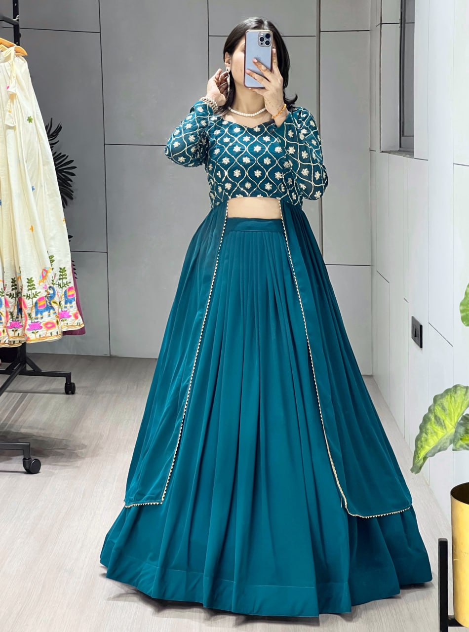 Shop this stunning Teal Blue Indo-Western Lehenga set