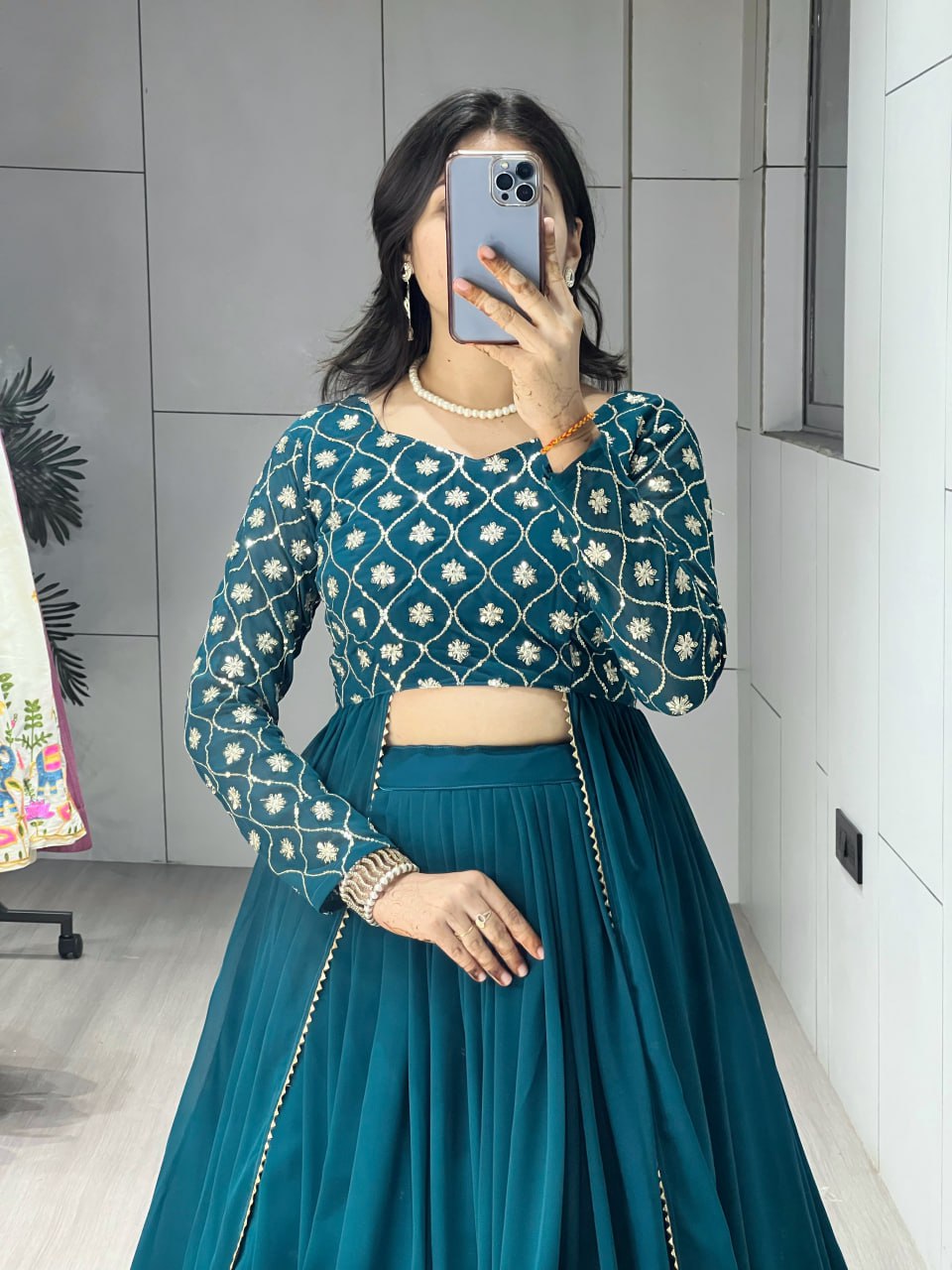 Shop this stunning Teal Blue Indo-Western Lehenga set