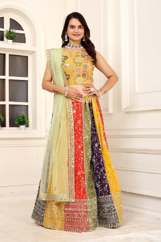 4 Multicoloured Faux gorgette silk fabric semi stiched type lehenga