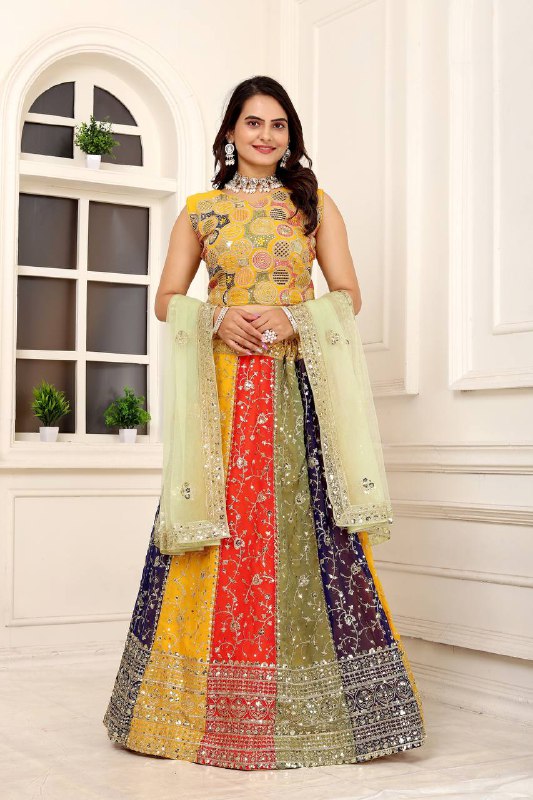 4 Multicoloured Faux gorgette silk fabric semi stiched type lehenga