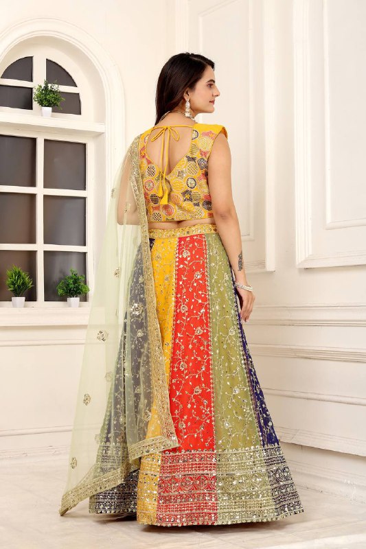 4 Multicoloured Faux gorgette silk fabric semi stiched type lehenga