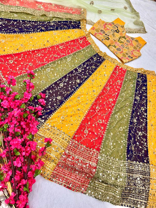 4 Multicoloured Faux gorgette silk fabric semi stiched type lehenga