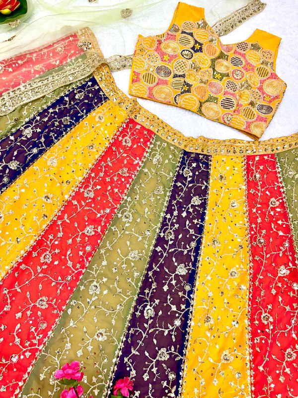 4 Multicoloured Faux gorgette silk fabric semi stiched type lehenga