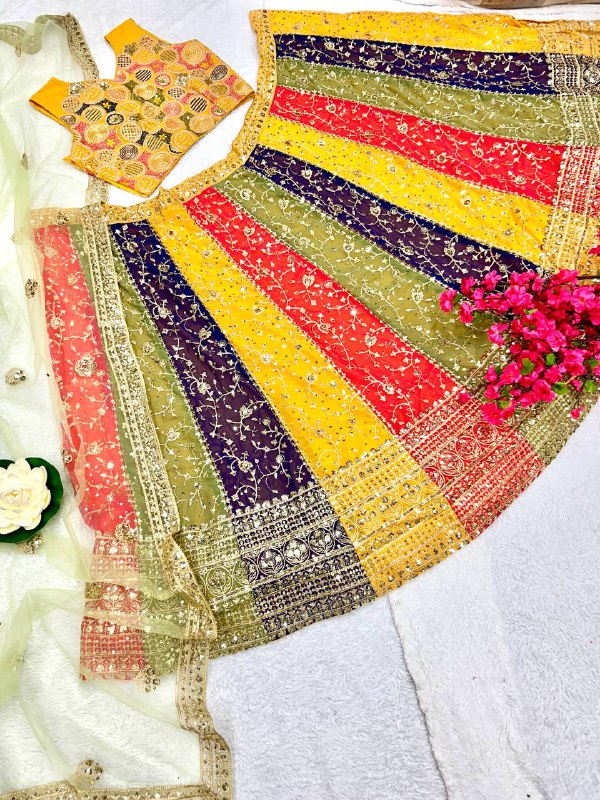 4 Multicoloured Faux gorgette silk fabric semi stiched type lehenga