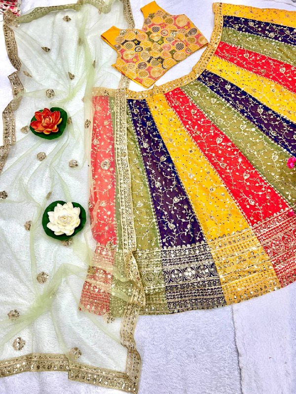 4 Multicoloured Faux gorgette silk fabric semi stiched type lehenga