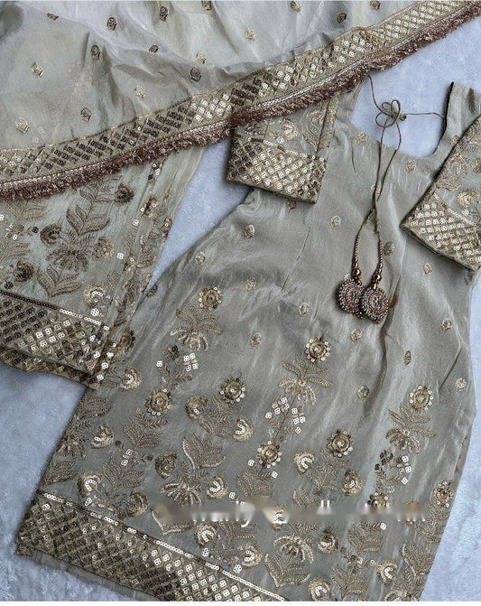 New Collection Heavy Chinon Silk Top-Palazzo and Dupatta Set Fully Stitched Ready To Wear