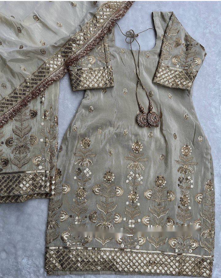 New Collection Heavy Chinon Silk Top-Palazzo and Dupatta Set Fully Stitched Ready To Wear