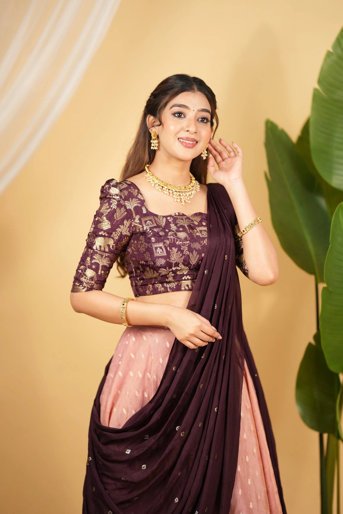 Chinon silk blouse with Banarasi zari silk lehenga