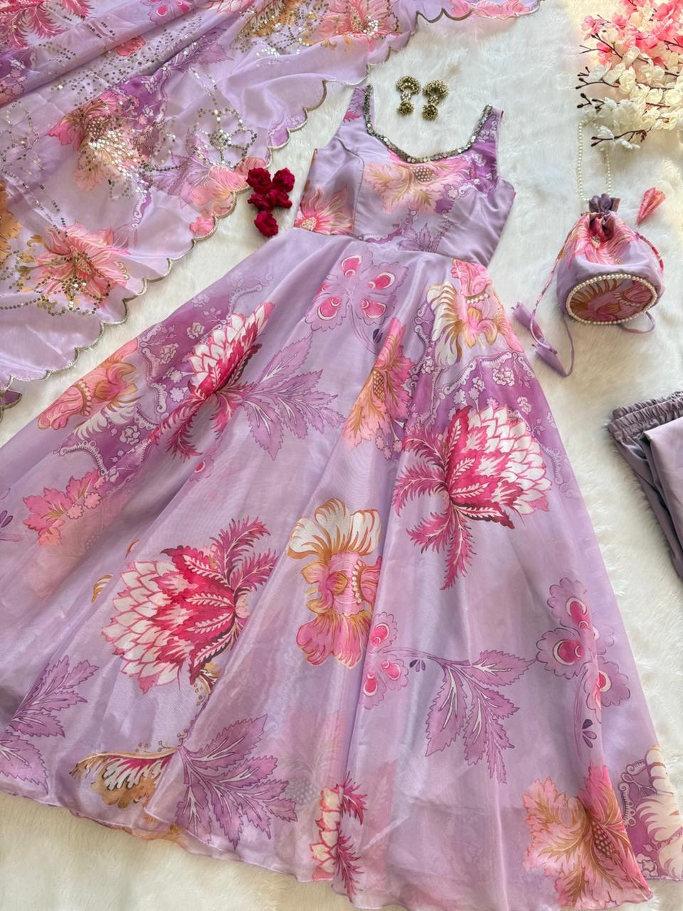 pure organza silk digital printed padded anarkali