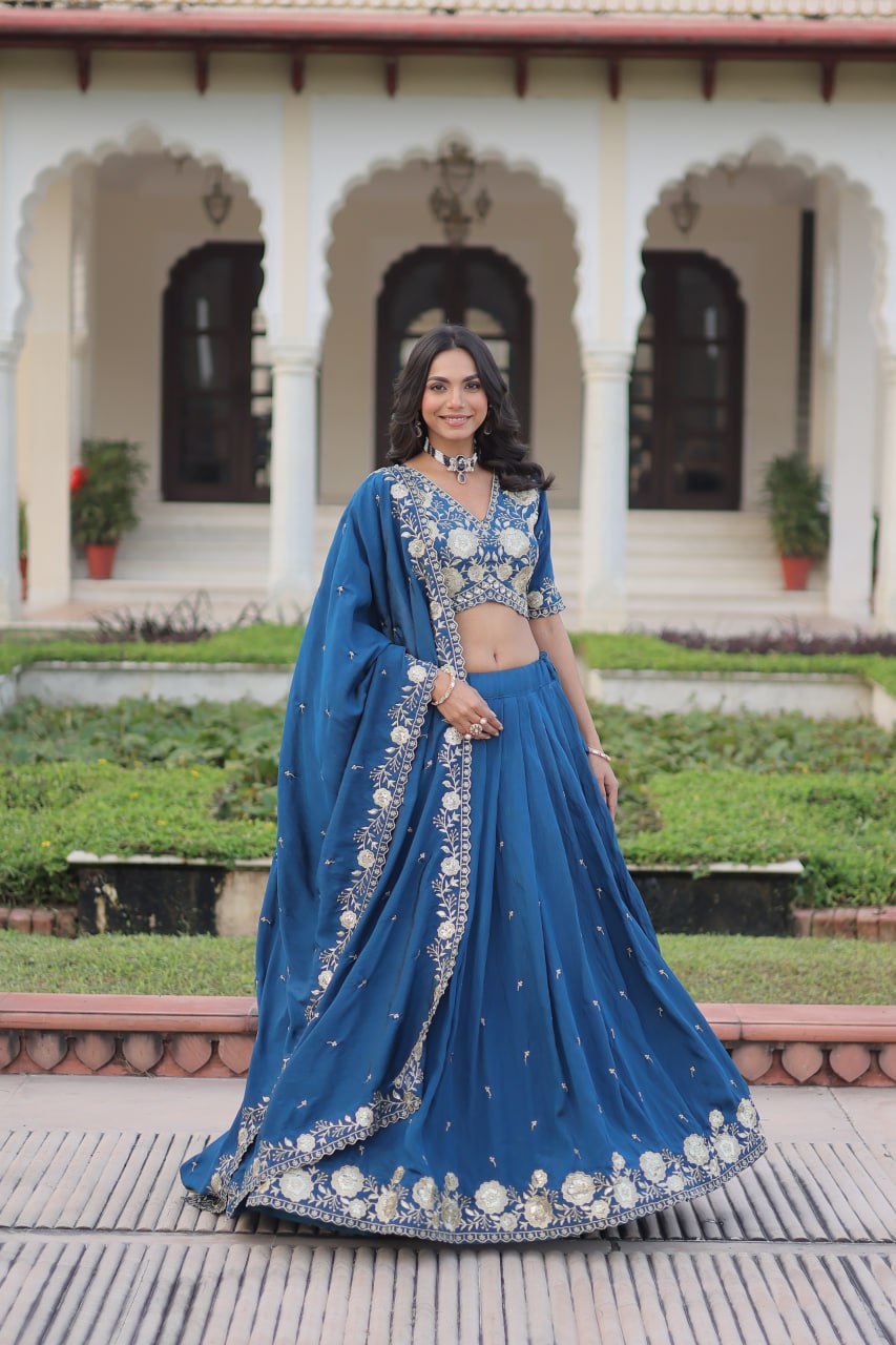 Vichitra Silk With Heavy Sequins & Thread Embroidered work Lehenga