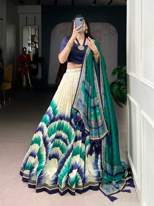 Tasar Silk Tie And Dye Print With Lace Touch Up Lehenga