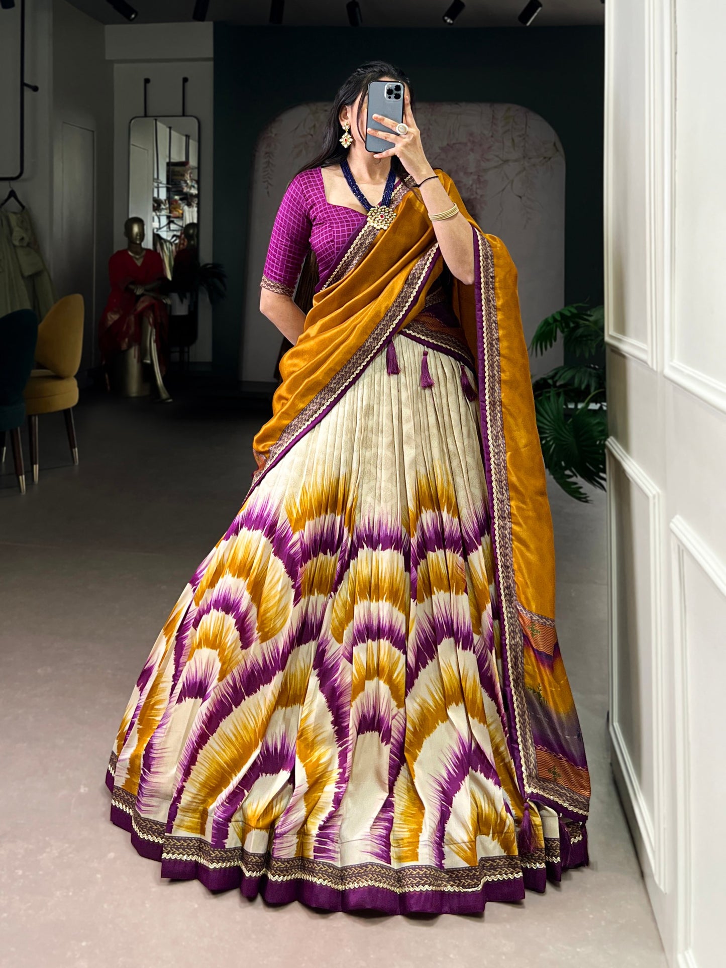 Tasar Silk Tie And Dye Print With Lace Touch Up Lehenga