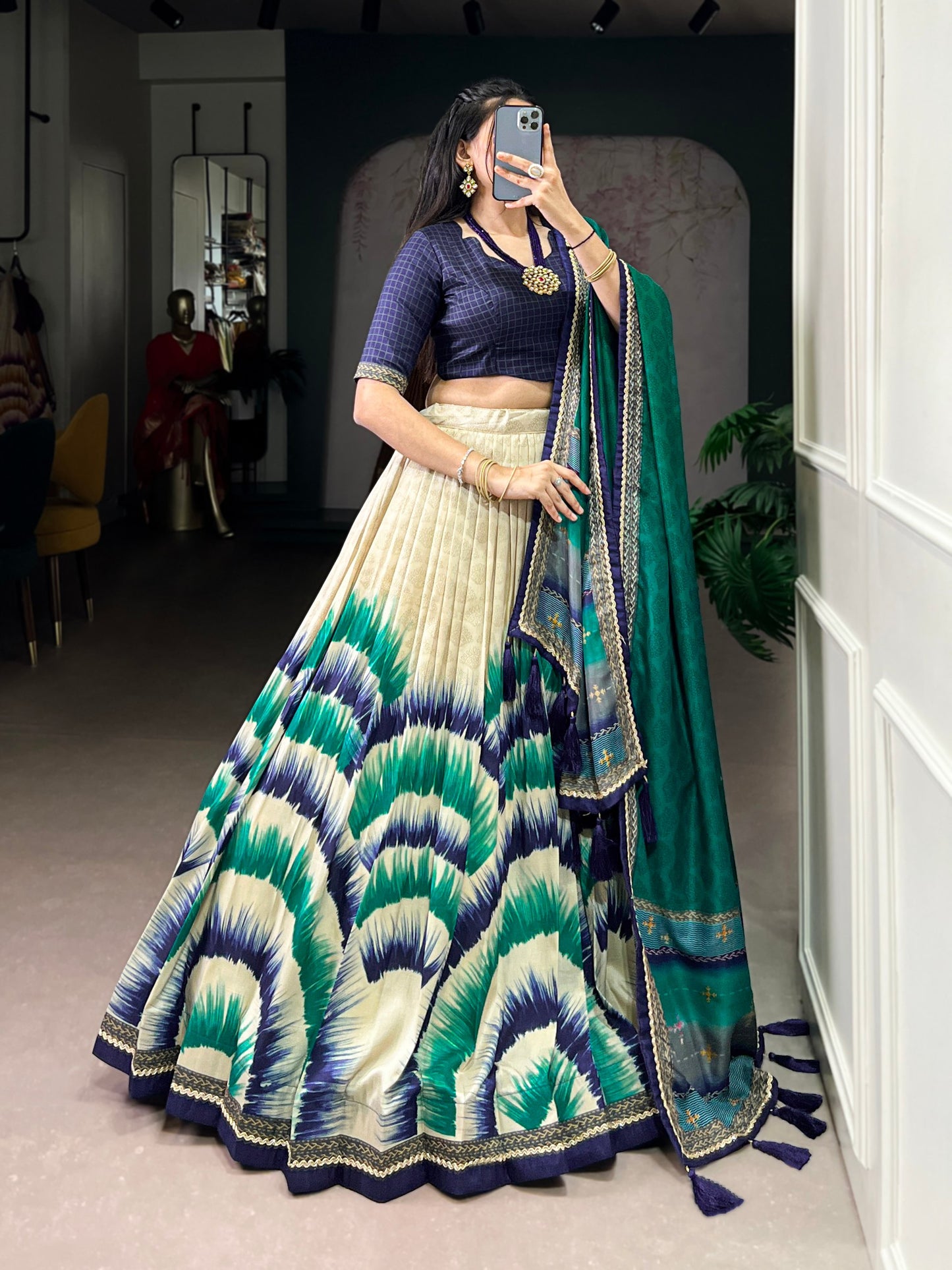Tasar Silk Tie And Dye Print With Lace Touch Up Lehenga