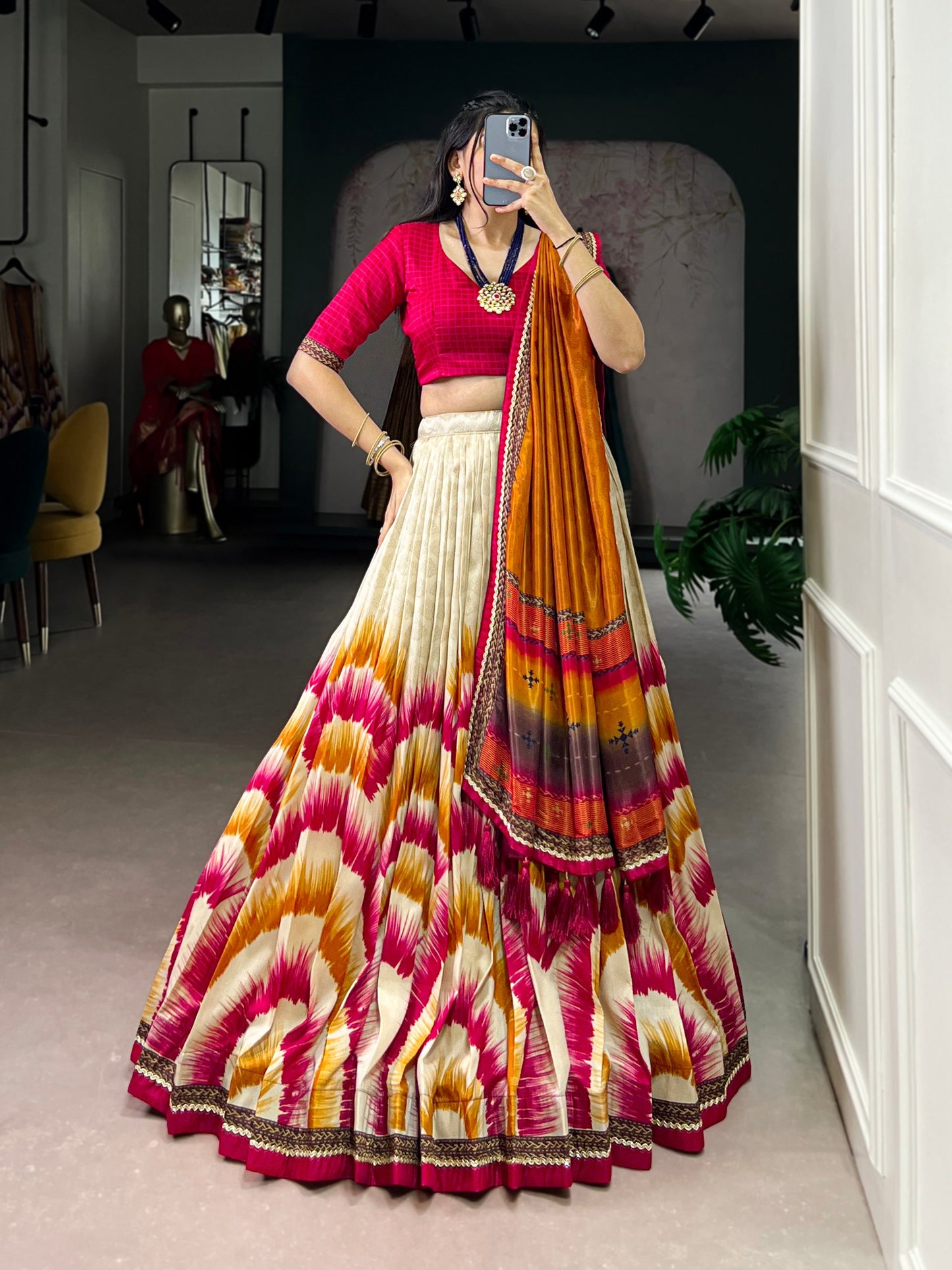 Tasar Silk Tie And Dye Print With Lace Touch Up Lehenga