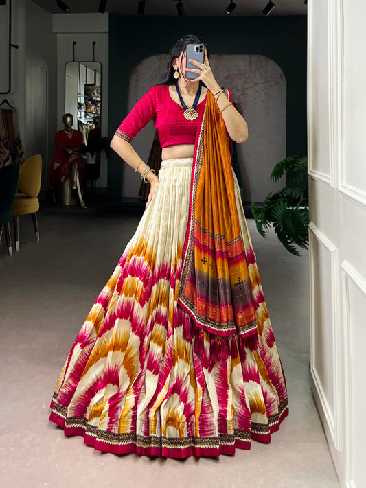 Tasar Silk Tie And Dye Print With Lace Touch Up Lehenga