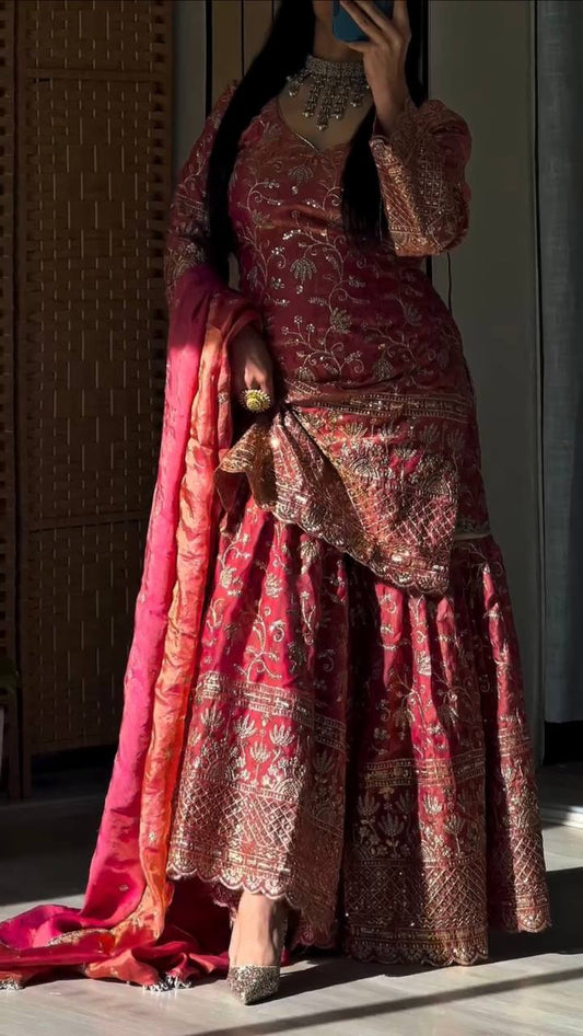 Heavy Fandy Crushi Silk With 5mm Sequence Embroidery Work Sharara