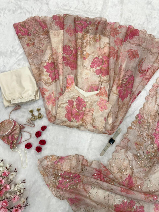 pure organza silk digital printed padded anarkali