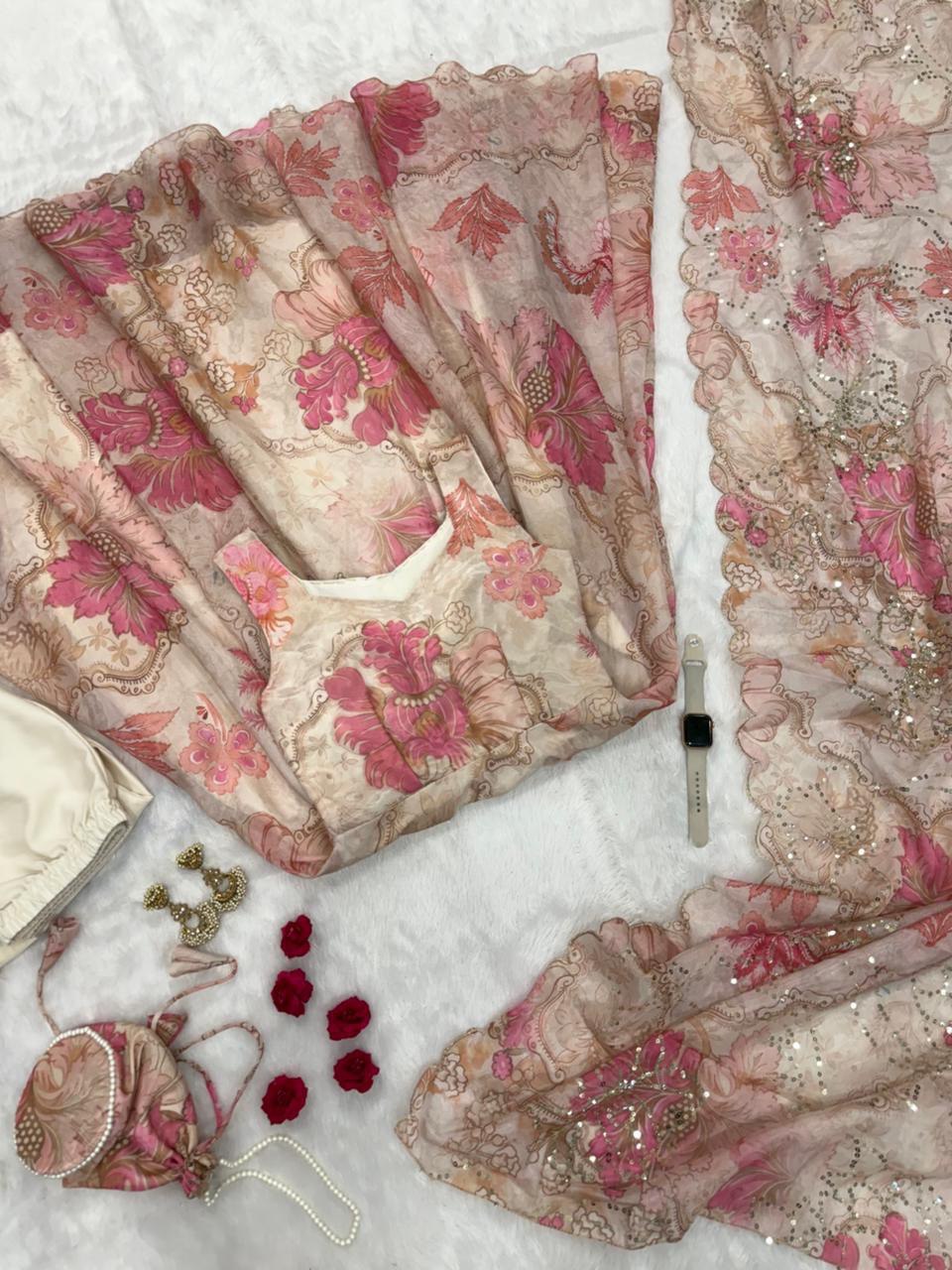 pure organza silk digital printed padded anarkali