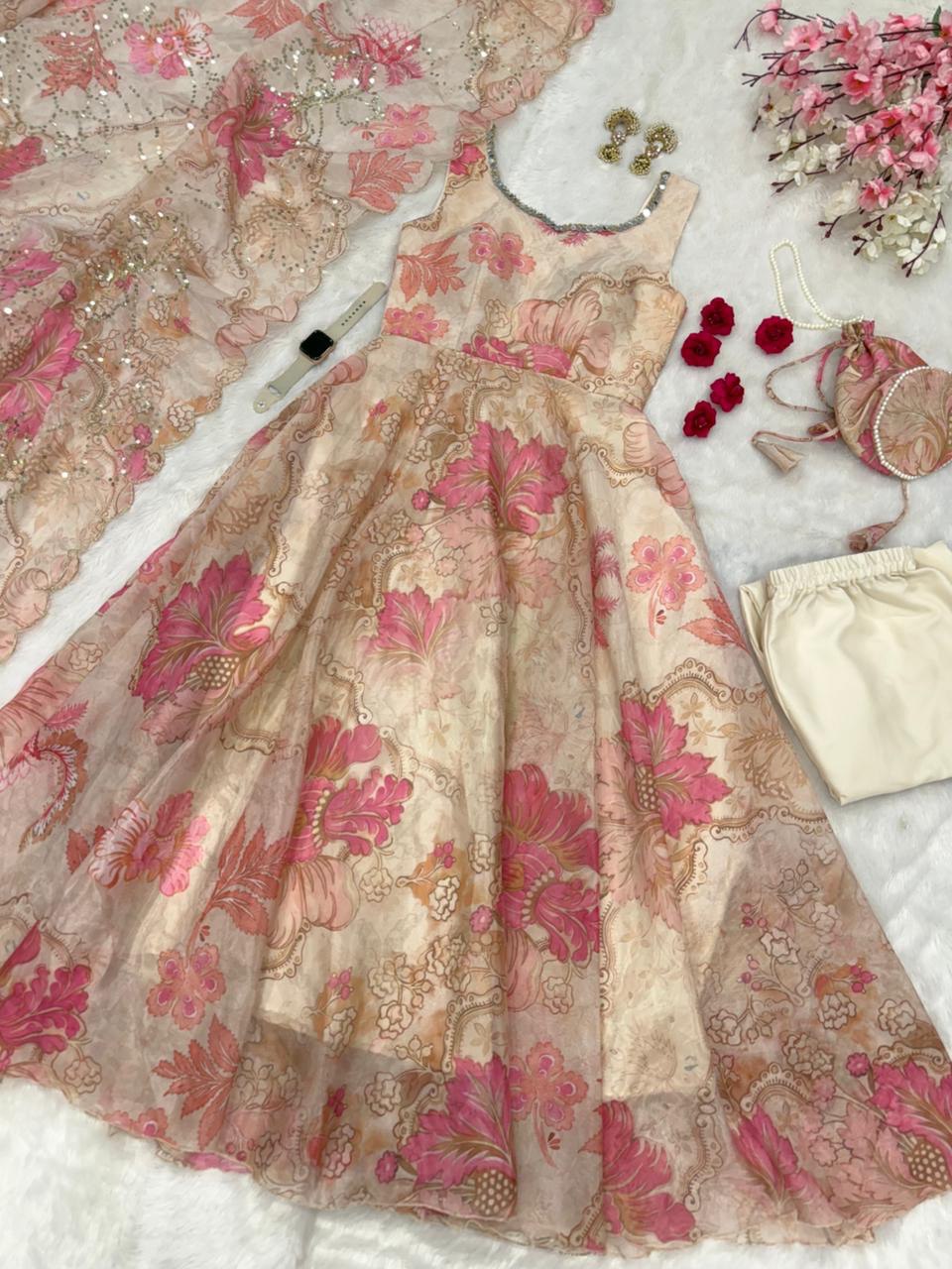 pure organza silk digital printed padded anarkali