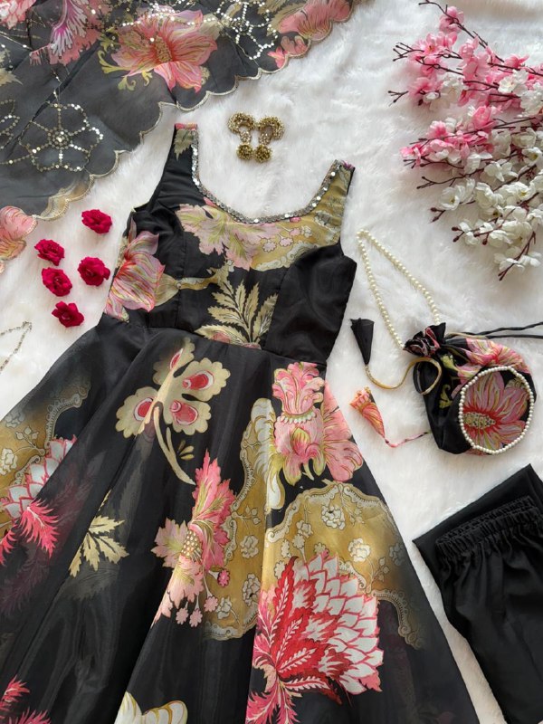 pure organza silk digital printed padded anarkali