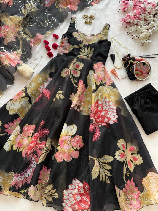 pure organza silk digital printed padded anarkali