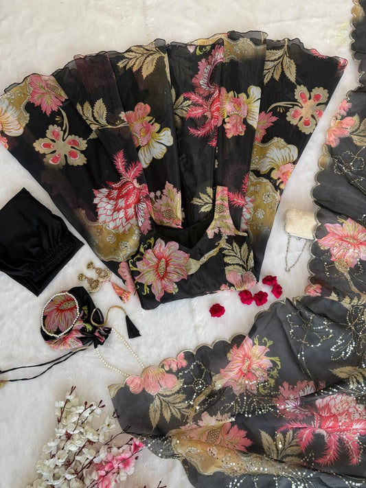 pure organza silk digital printed padded anarkali