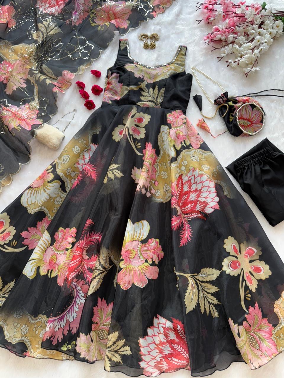 pure organza silk digital printed padded anarkali