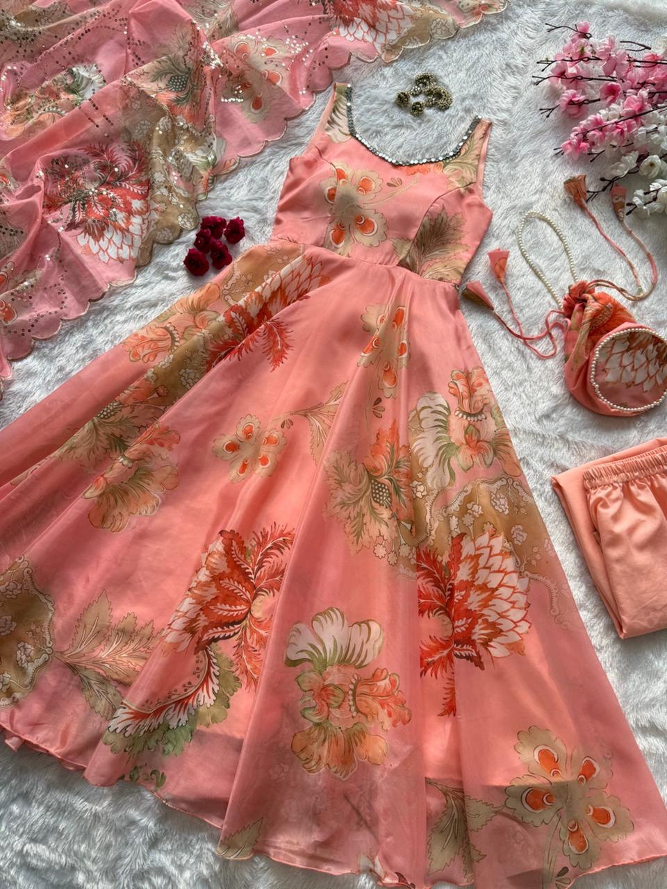 pure organza silk digital printed padded anarkali