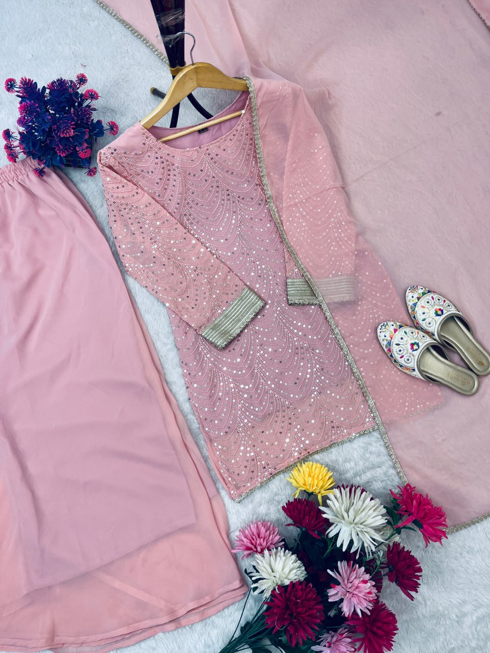NEW LAUNCH SEQUENCE EMBROIDERY ON GEORGETTE FABRIC TOP AND PLAZZO