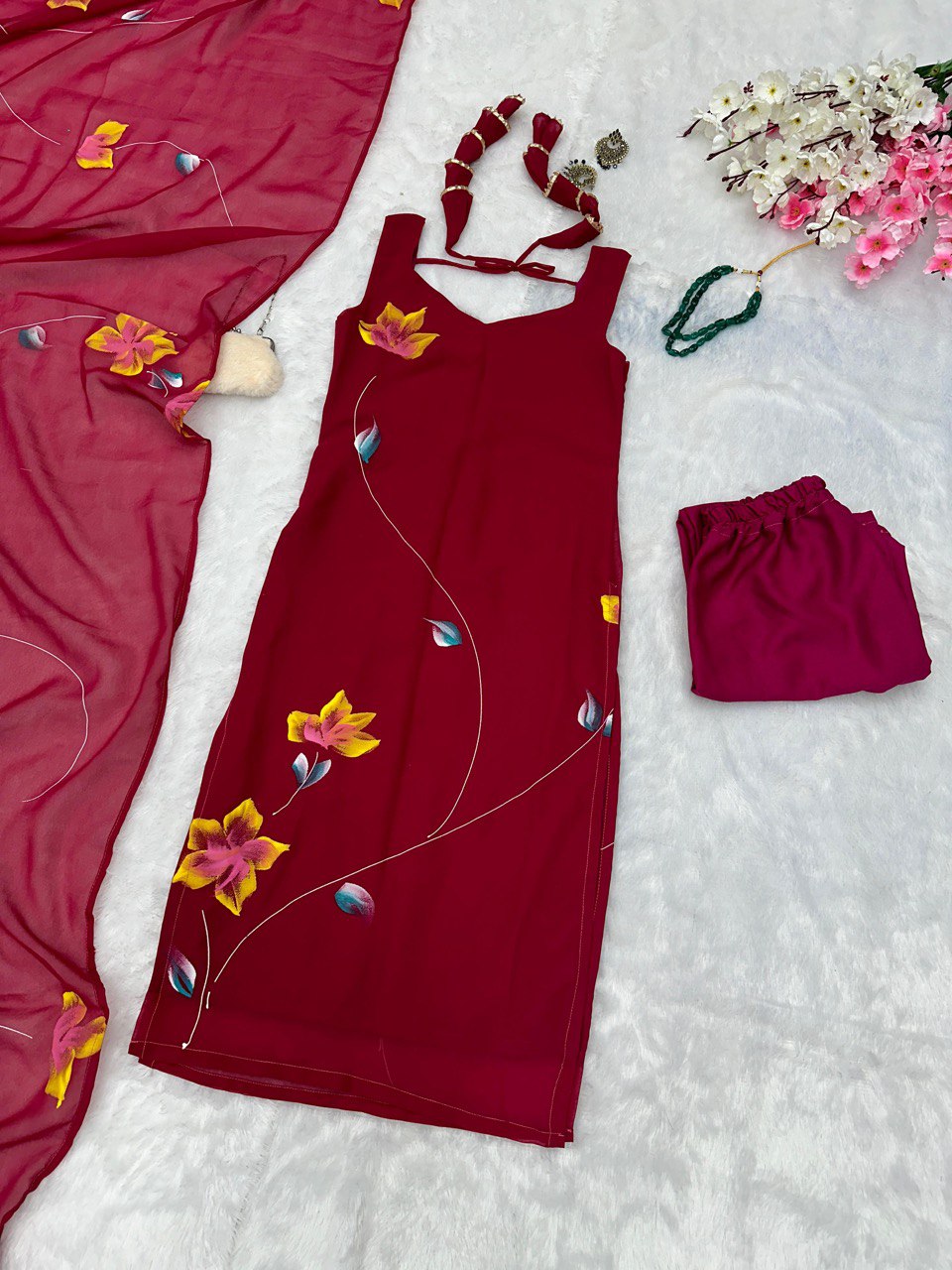 Floral Handpainted georgette kurta with tassels