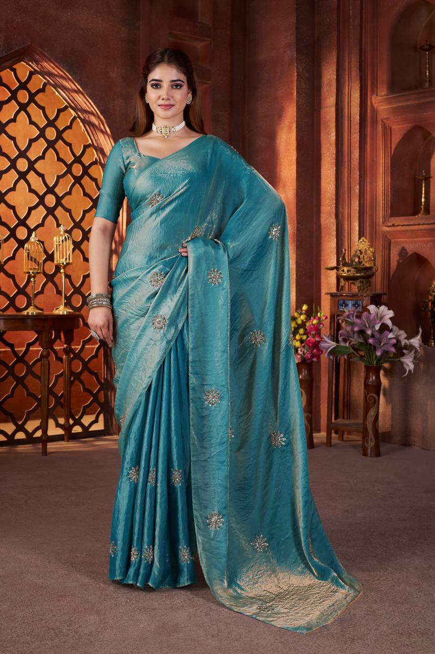 Fandy Satin Silk allover Beautiful Beads & Pipe Hand Work Saree