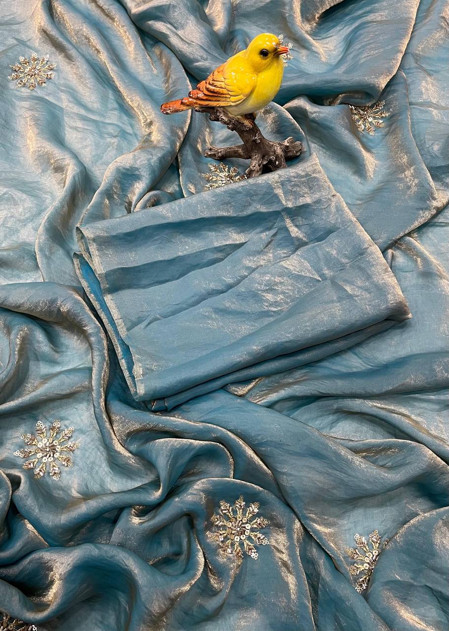 Fandy Satin Silk allover Beautiful Beads & Pipe Hand Work Saree