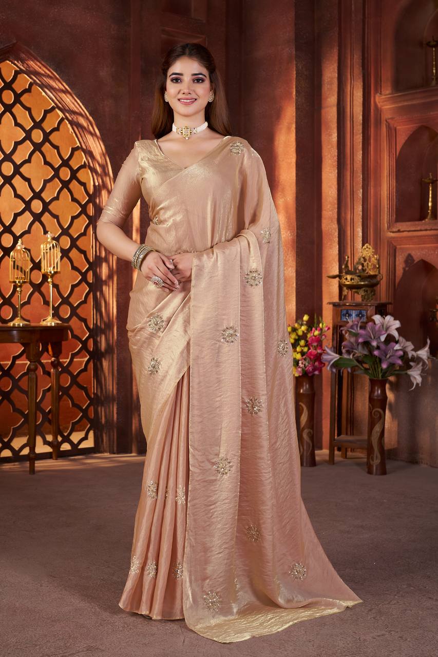 Fandy Satin Silk allover Beautiful Beads & Pipe Hand Work Saree
