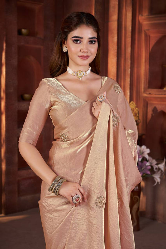 Fandy Satin Silk allover Beautiful Beads & Pipe Hand Work Saree